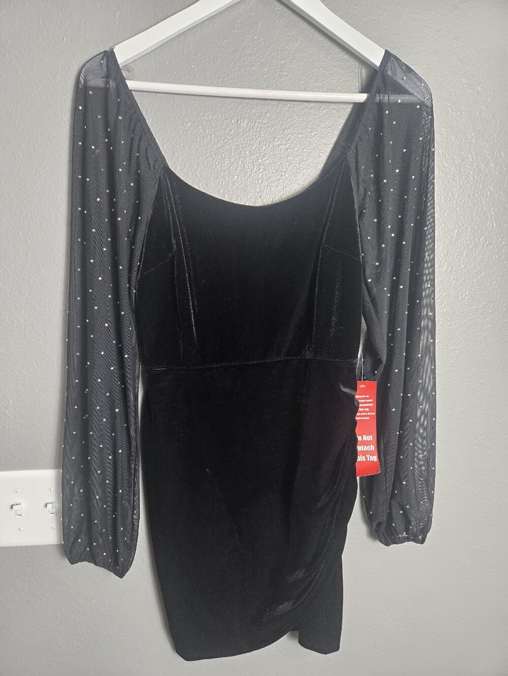 Crystal Doll Black Velvet Mini Dress with Sheer Embellished Sleeves